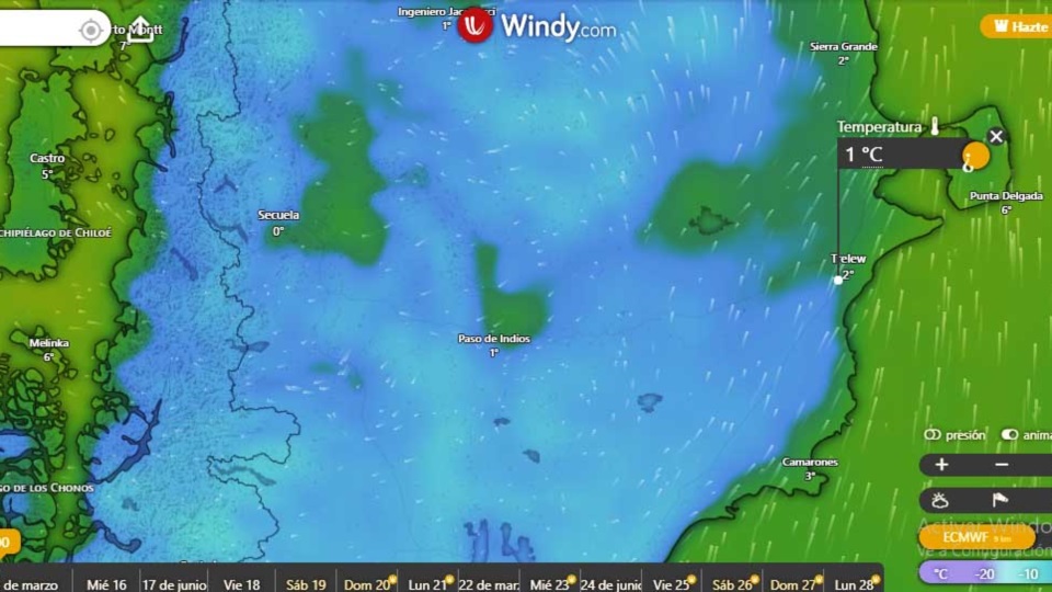 Vuelve el frío a Chubut. (Windy.com)