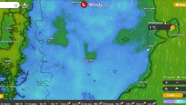 Vuelve el frío a Chubut. (Windy.com)