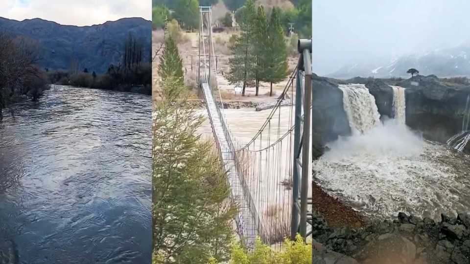 Río Chubut, en El Maitén, el río Azul en Río Negro y las cascada de El Agrio, en Neuquén , afectados por las lluvias.
